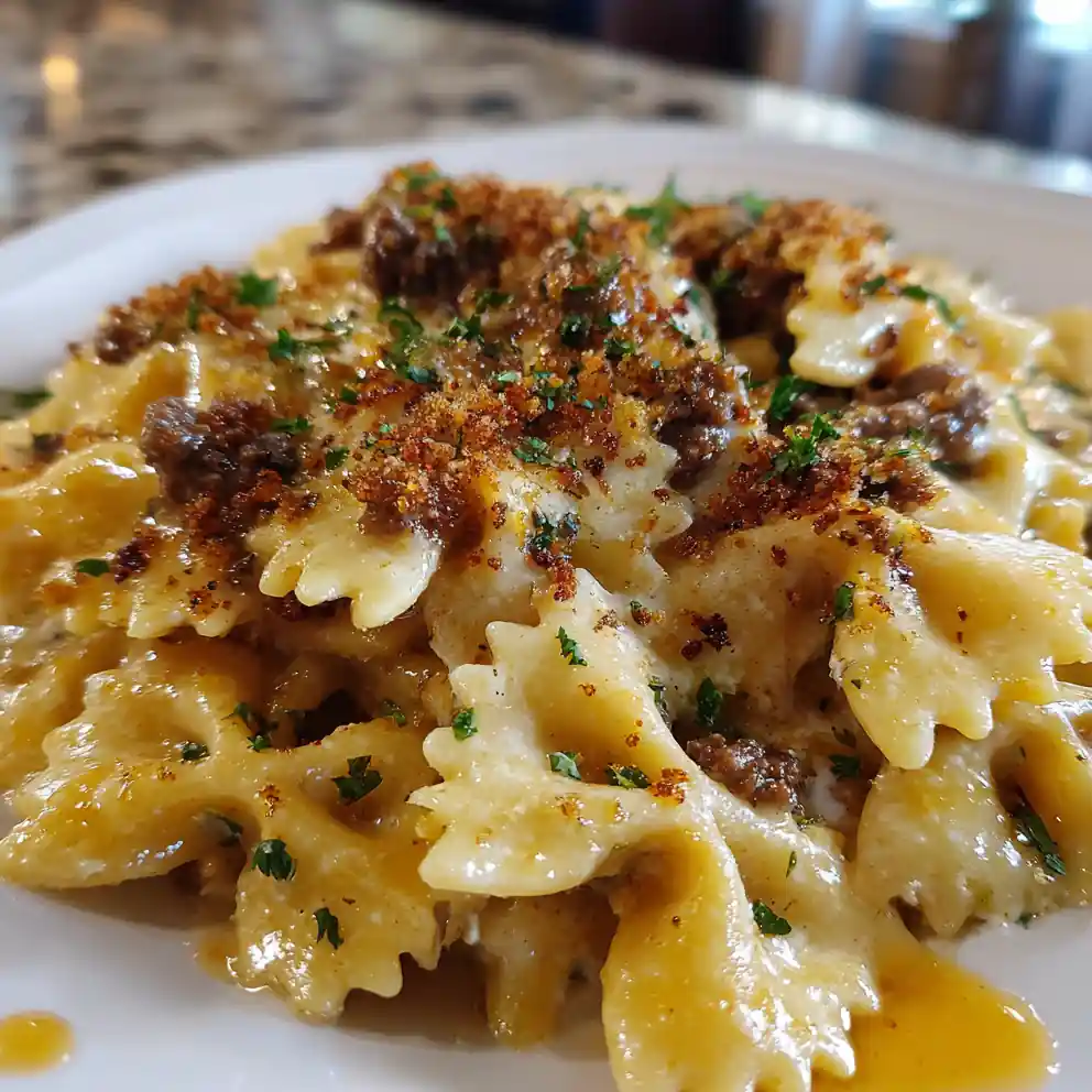 Cajun Cream Cheese Alfredo Bowtie Pasta With Spiced Ground Beef And Parmesan Crust 4 Cajun Cream Cheese Alfredo Bowtie Pasta with Spiced Ground Beef and Parmesan Crust
