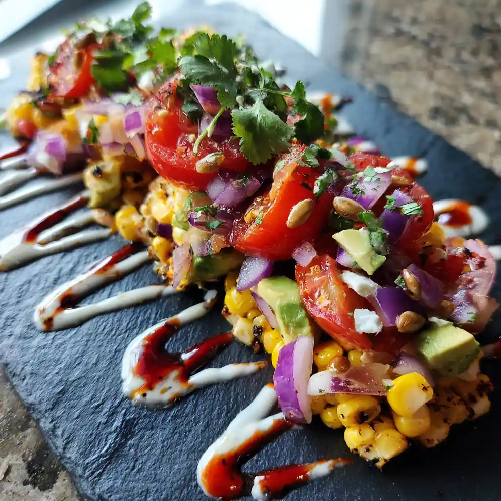 Charred Corn, Tomato & Avocado Salad With Pomegranate Molasses Drizzle 4 Charred Corn, Tomato & Avocado Salad with Pomegranate Molasses Drizzle