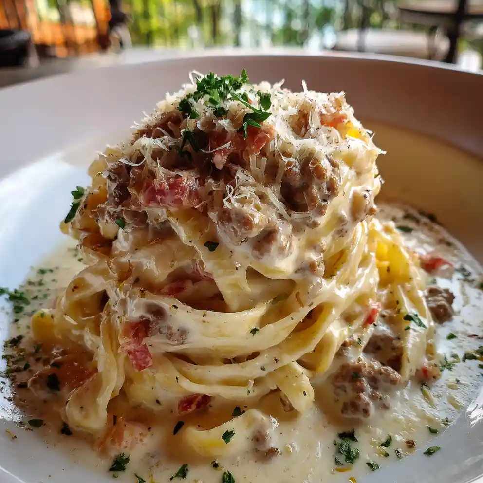 Cheeseburger Alfredo Pasta With Smoked Turkey Swirl 4 Cheeseburger Alfredo Pasta with Smoked Turkey Swirl