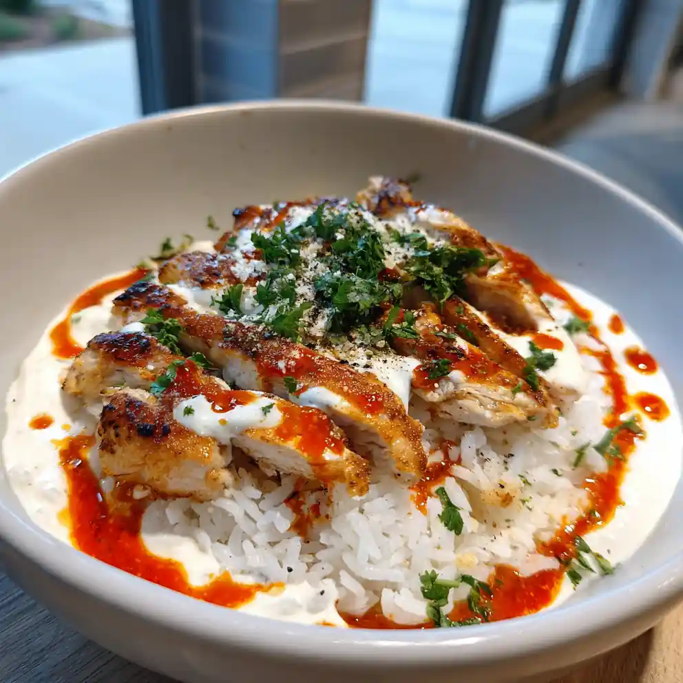Chicken Rice Bowls With Creamy Garlic Sauce And Roasted Red Pepper Swirl 4 Chicken Rice Bowls with Creamy Garlic Sauce and Roasted Red Pepper Swirl