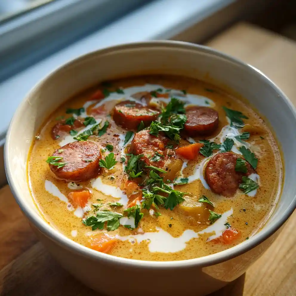 Creamy Bean Soup With Smoky Sausage And Paprika Cream Swirl 4 Creamy Bean Soup with Smoky Sausage and Paprika Cream Swirl