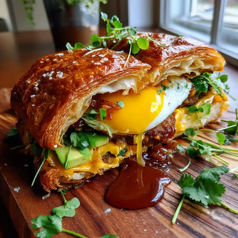 Croissant Breakfast Sandwiches With Caramelized Onion Jam & Chipotle Aioli 4 Croissant Breakfast Sandwiches with Caramelized Onion Jam & Chipotle Aioli