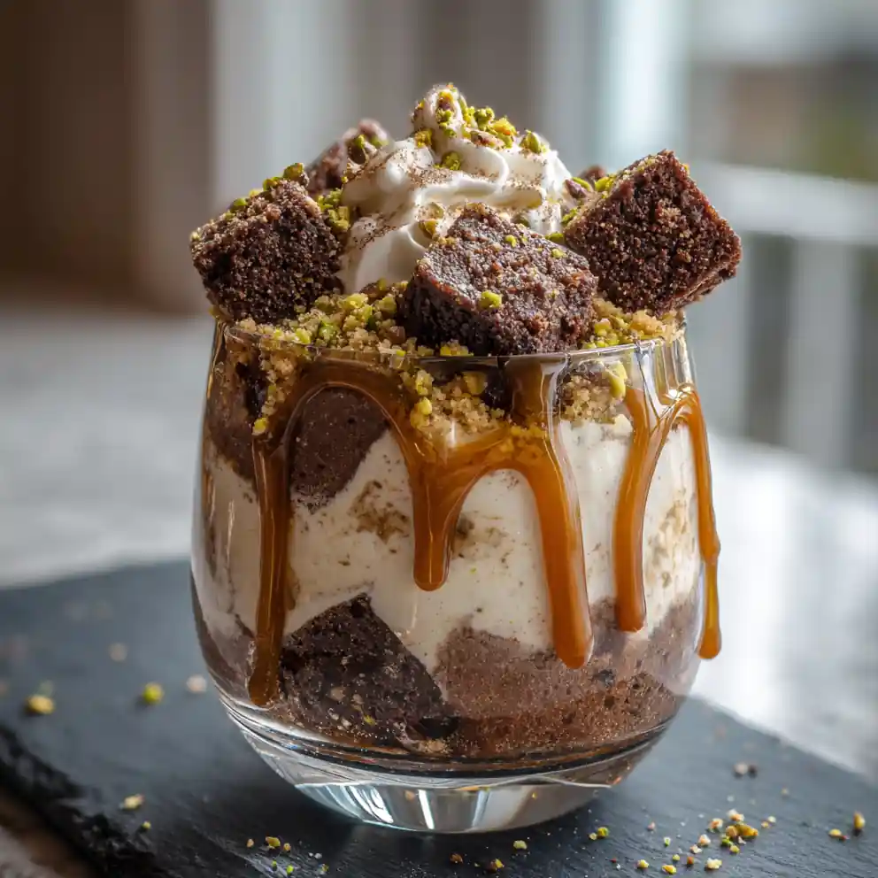 Espresso Caramel Cheesecake Brownie Trifle With Pistachio Crunch 4 Espresso Caramel Cheesecake Brownie Trifle with Pistachio Crunch