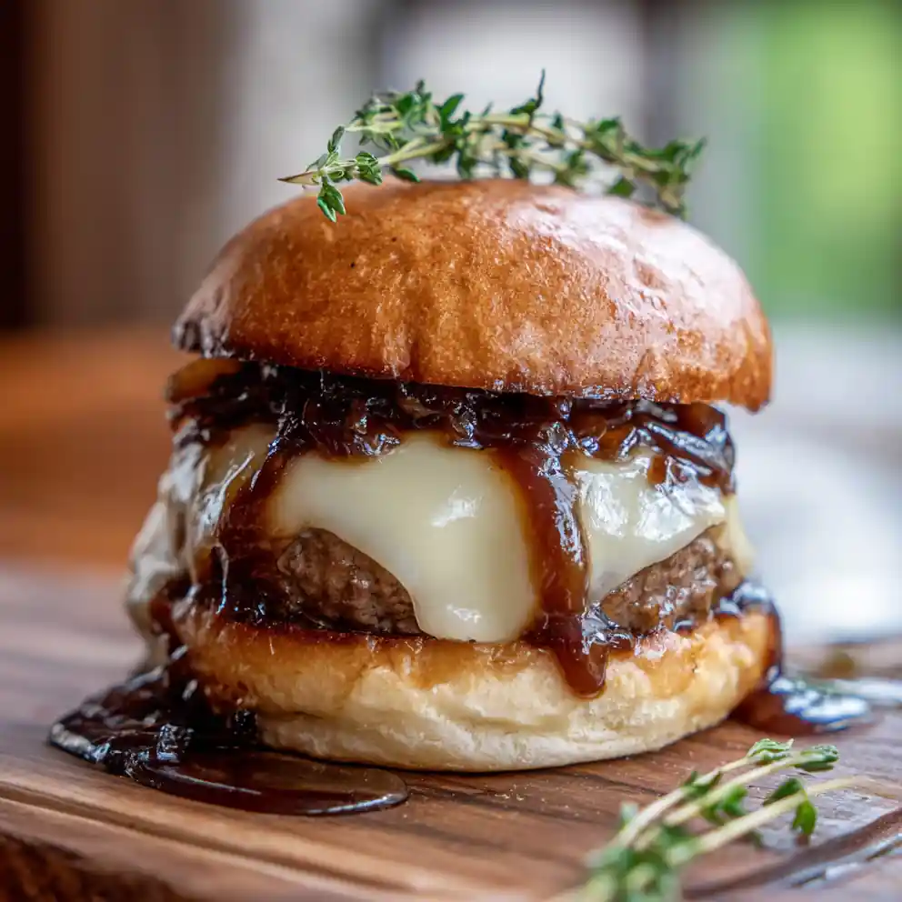 French Onion Soup Burgers With Balsamic Caramelized Onion Jam 4 French Onion Soup Burgers with Balsamic Caramelized Onion Jam