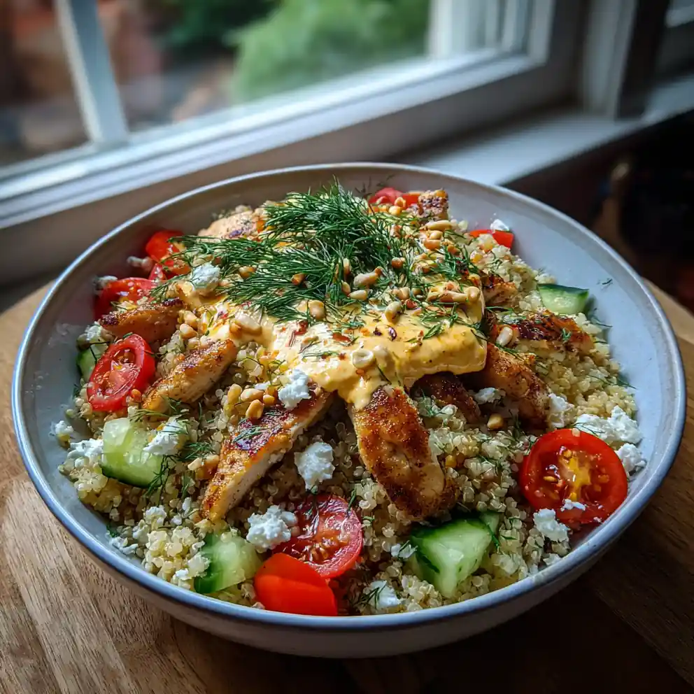 Greek Chicken Bowl With Roasted Red Pepper Feta Cream 4 Greek Chicken Bowl with Roasted Red Pepper Feta Cream