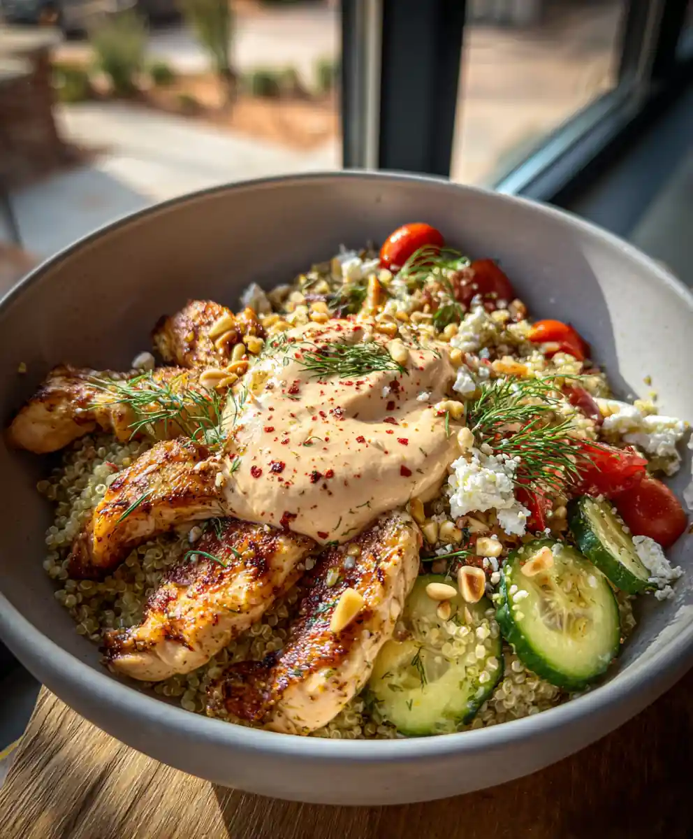Greek Chicken Bowl With Roasted Red Pepper Feta Cream 5 Greek Chicken Bowl with Roasted Red Pepper Feta Cream