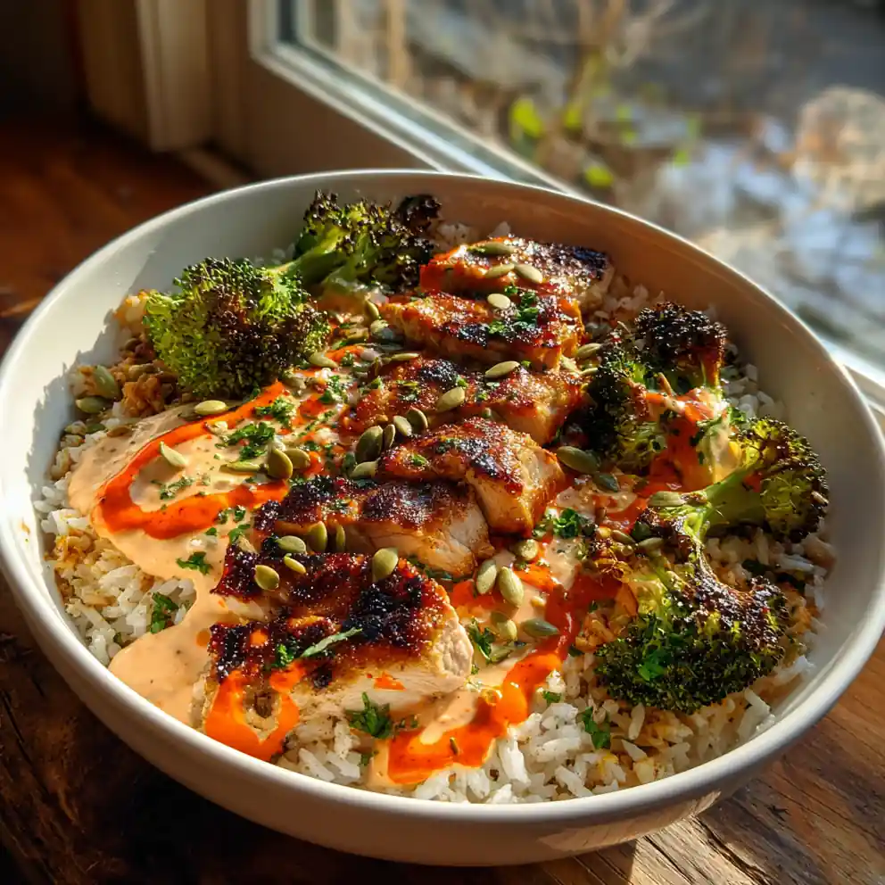 Grilled Chicken And Broccoli Bowls With Creamy Garlic Sauce And Roasted Red Pepper Swirl 4 Grilled Chicken and Broccoli Bowls with Creamy Garlic Sauce and Roasted Red Pepper Swirl