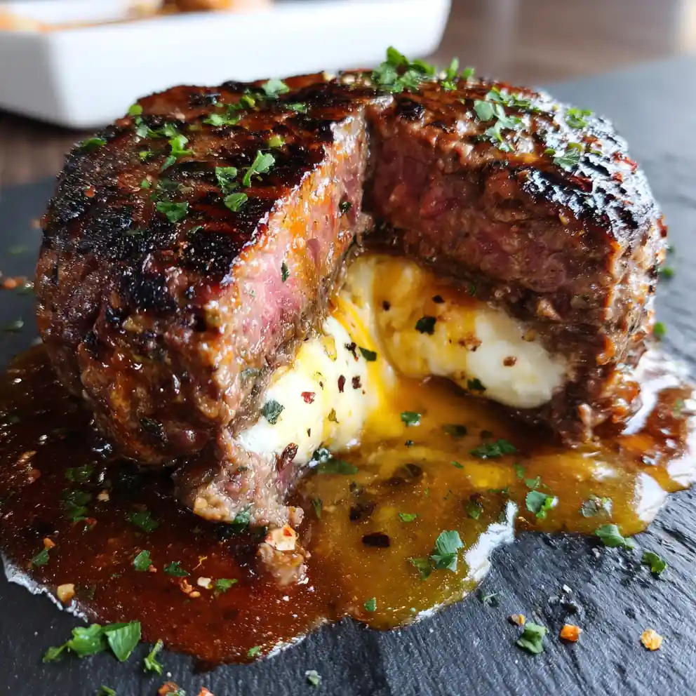 Hamburger Steaks With Onion Gravy And Melted Cheese Core 4 Hamburger Steaks with Onion Gravy and Melted Cheese Core