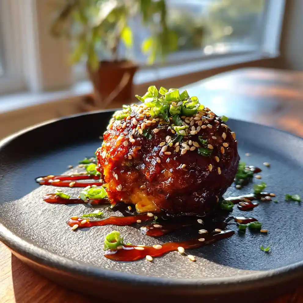 Korean Bbq Meatballs With Kimchi Mayo Core And Gochujang Glaze 4 Korean BBQ Meatballs with Kimchi Mayo Core and Gochujang Glaze