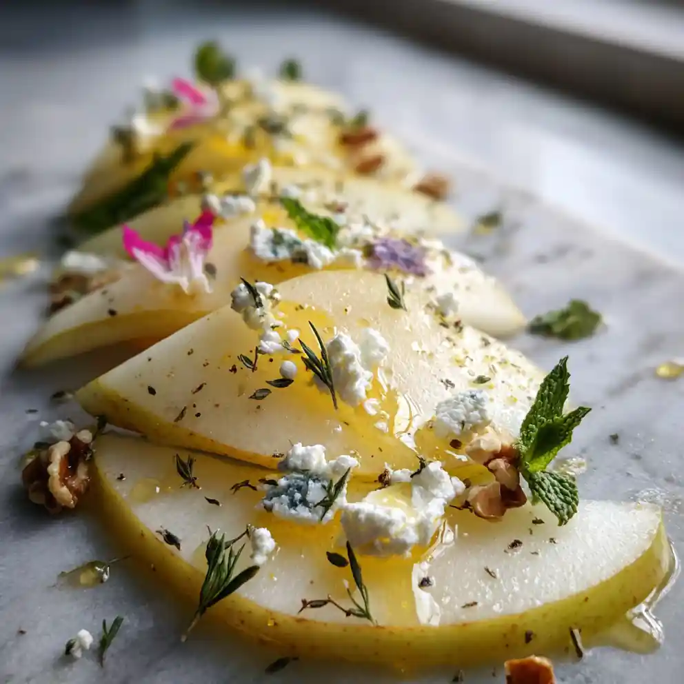 Pear And Herbed Cheese Salad With Saffron Honey Drizzle 4 Pear and Herbed Cheese Salad with Saffron Honey Drizzle