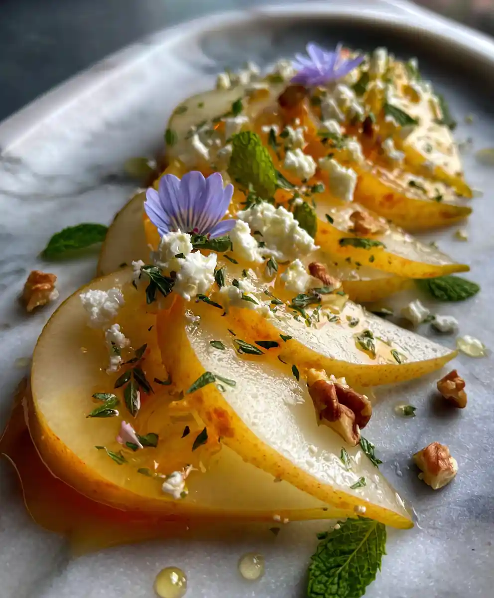 Pear And Herbed Cheese Salad With Saffron Honey Drizzle 5 Pear and Herbed Cheese Salad with Saffron Honey Drizzle