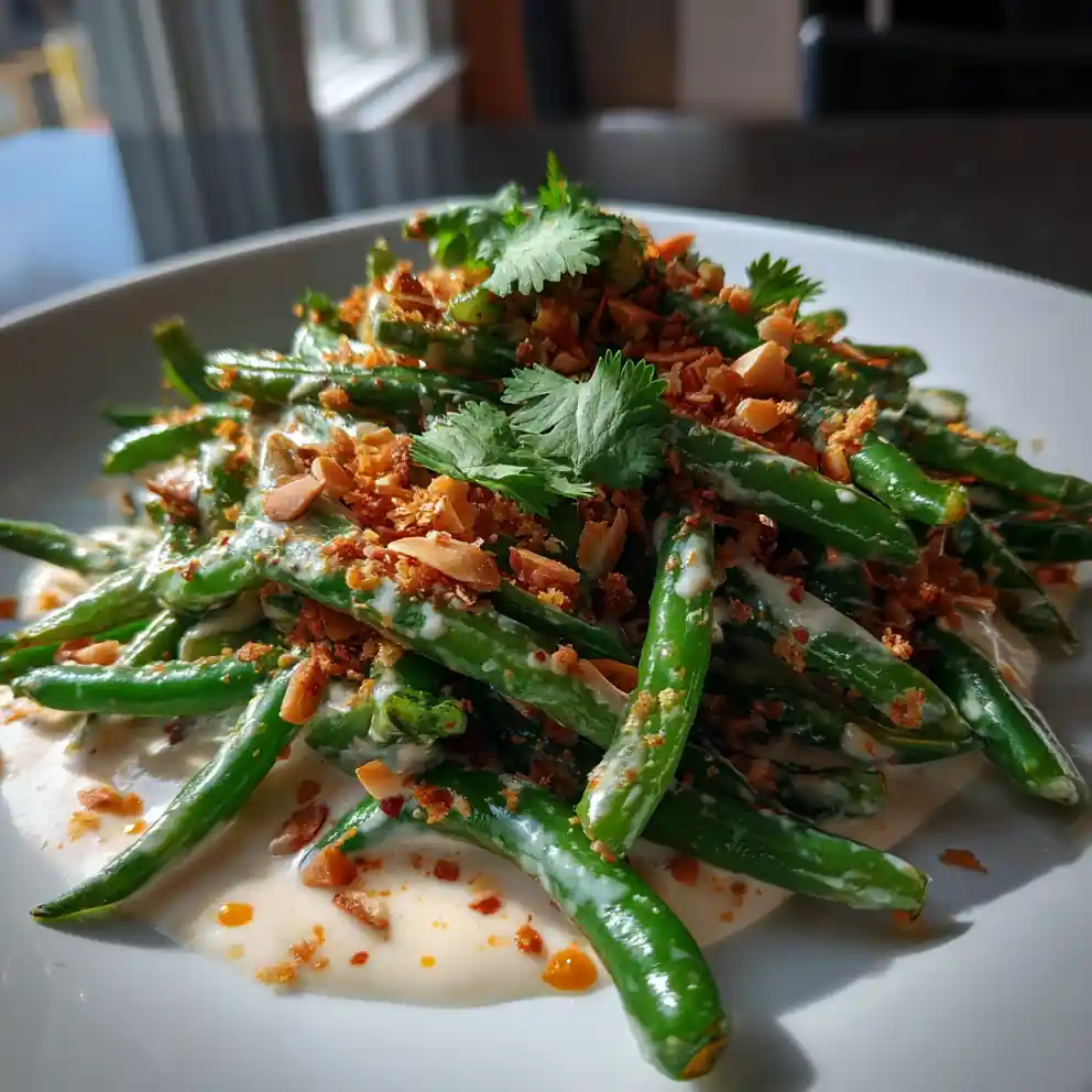 Sautéed Green Beans With Chili Lime Cream Drizzle And Toasted Sesame Almond Crumble 4 Sautéed Green Beans with Chili Lime Cream Drizzle and Toasted Sesame Almond Crumble
