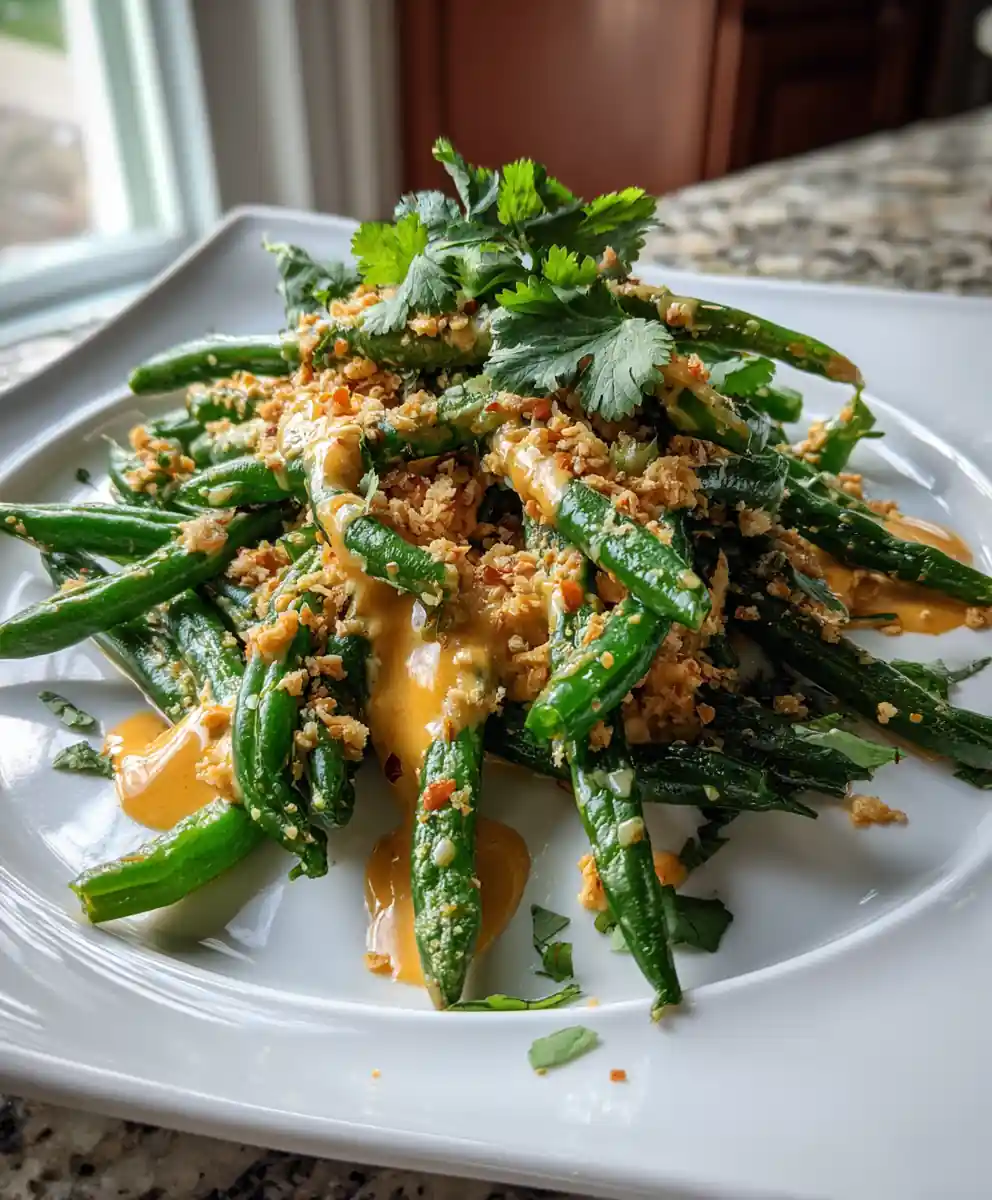 Sautéed Green Beans With Chili Lime Cream Drizzle And Toasted Sesame Almond Crumble 5 Sautéed Green Beans with Chili Lime Cream Drizzle and Toasted Sesame Almond Crumble