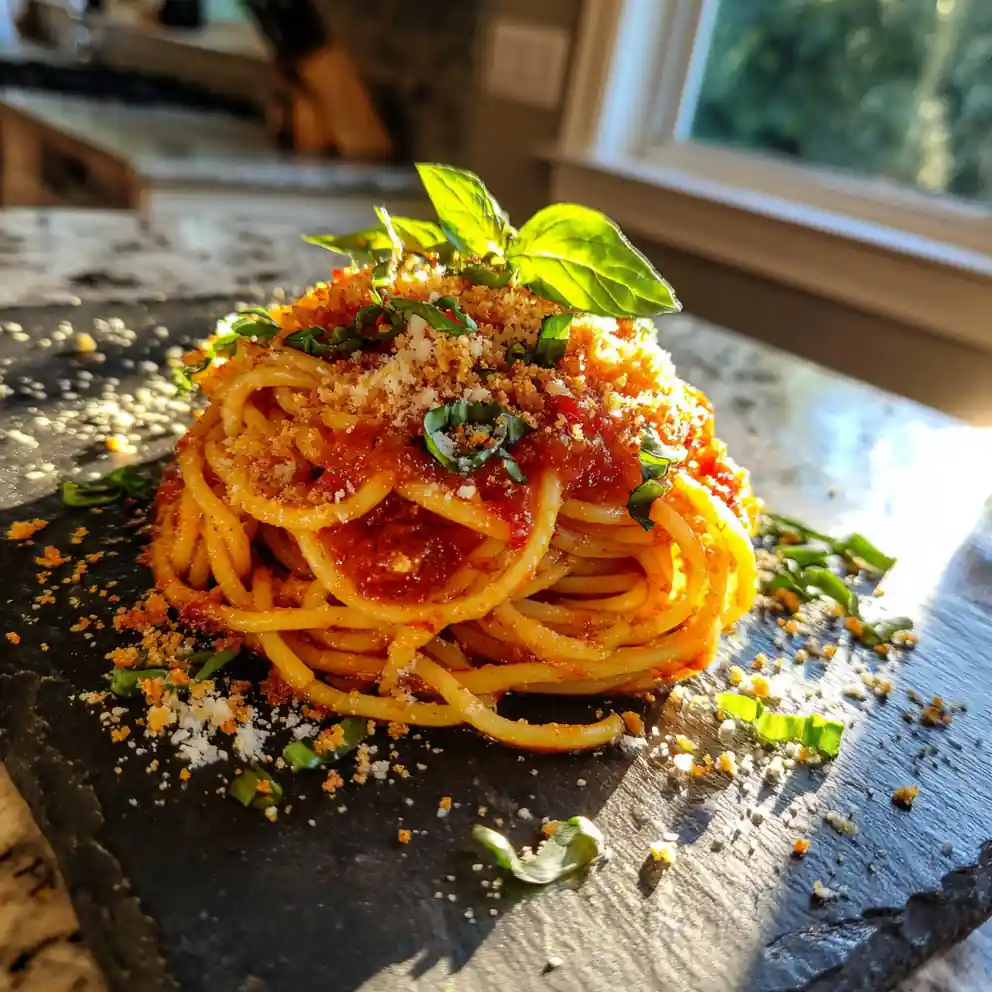Skillet Spaghetti With Roasted Red Pepper Tomato Sauce And Basil Ricotta Swirl 4 Skillet Spaghetti with Roasted Red Pepper Tomato Sauce and Basil Ricotta Swirl