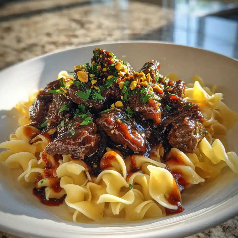 Slow Cooked Beef Tips With Egg Noodles And Pomegranate Glaze 4 Slow Cooked Beef Tips with Egg Noodles and Pomegranate Glaze