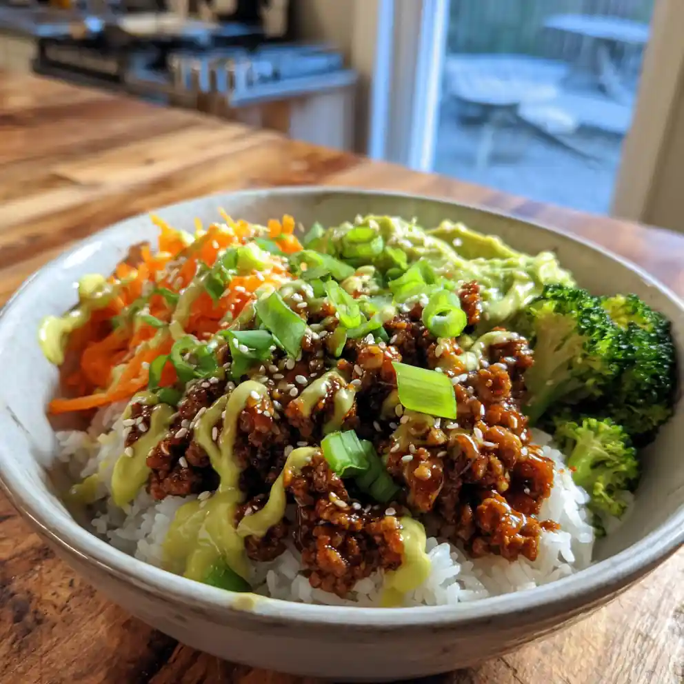 Teriyaki Ground Turkey Bowl With Creamy Avocado Lime Drizzle 4 Teriyaki Ground Turkey Bowl with Creamy Avocado Lime Drizzle
