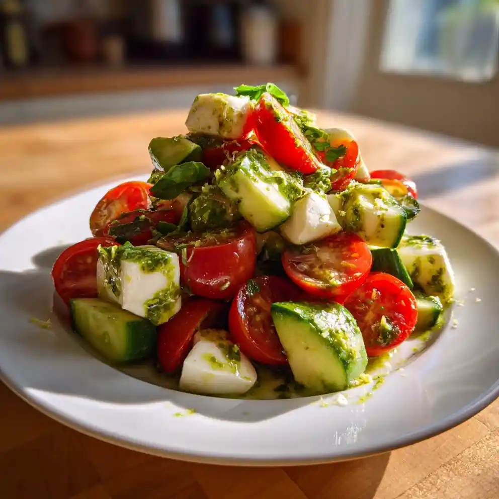 Tomato Cucumber Avocado Salad With Mozzarella, Basil Pesto, And Smoky Chipotle Lime Vinaigrette 4 Tomato Cucumber Avocado Salad with Mozzarella, Basil Pesto, and Smoky Chipotle Lime Vinaigrette