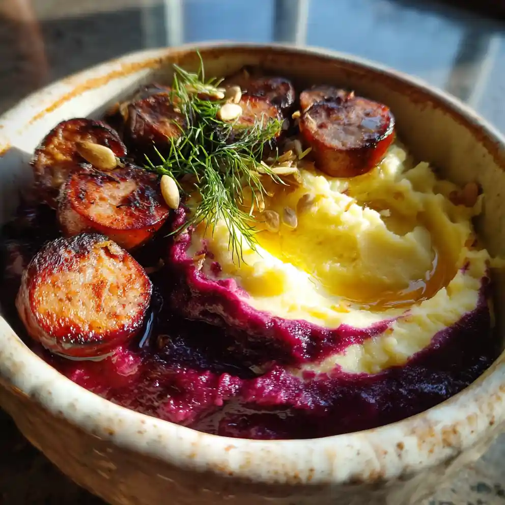Beet Feta Swirled Stamppot With Grilled Beef Sausage 4 Beet Feta Swirled Stamppot With Grilled Beef Sausage
