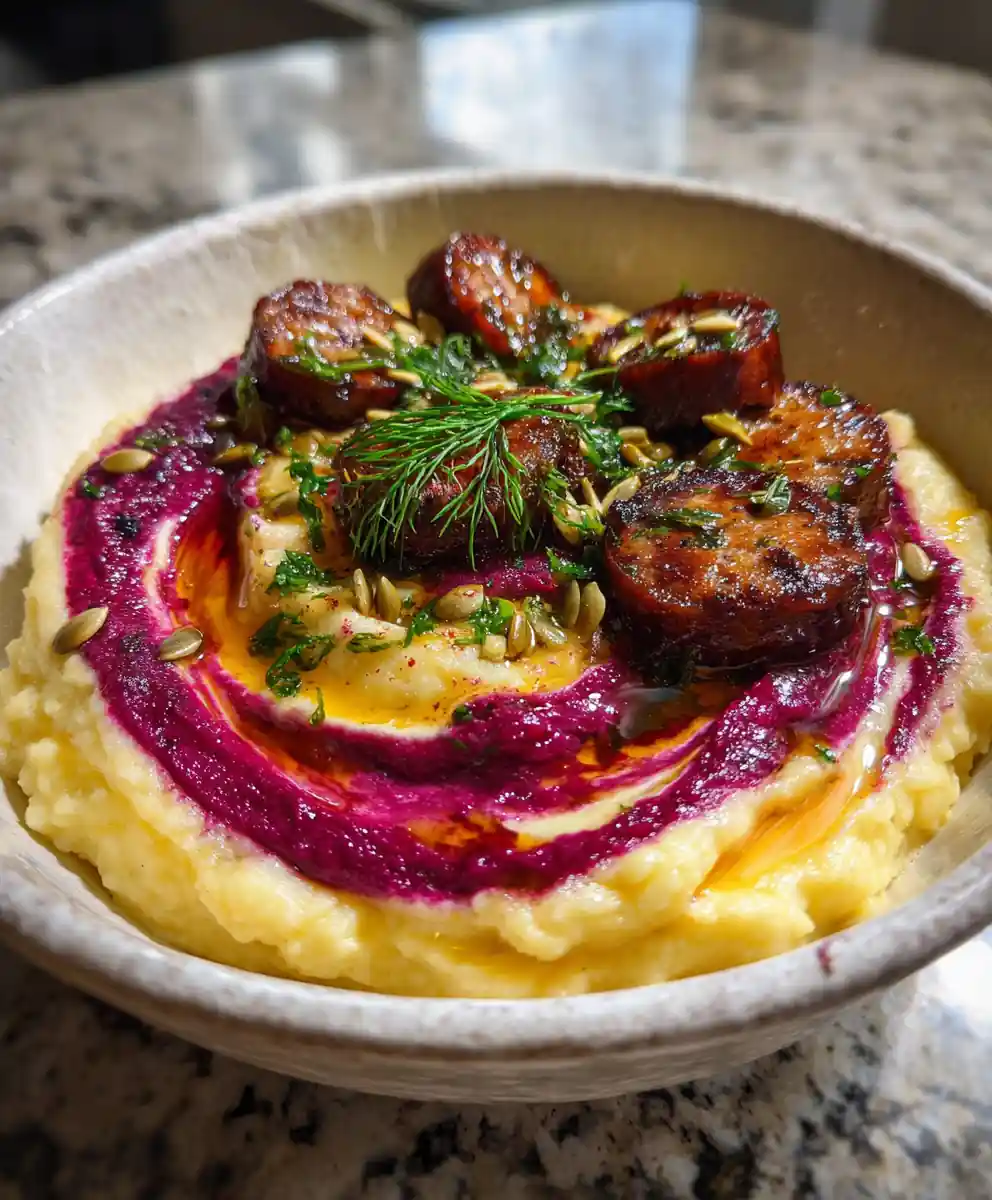 Beet Feta Swirled Stamppot With Grilled Beef Sausage 5 Beet Feta Swirled Stamppot With Grilled Beef Sausage