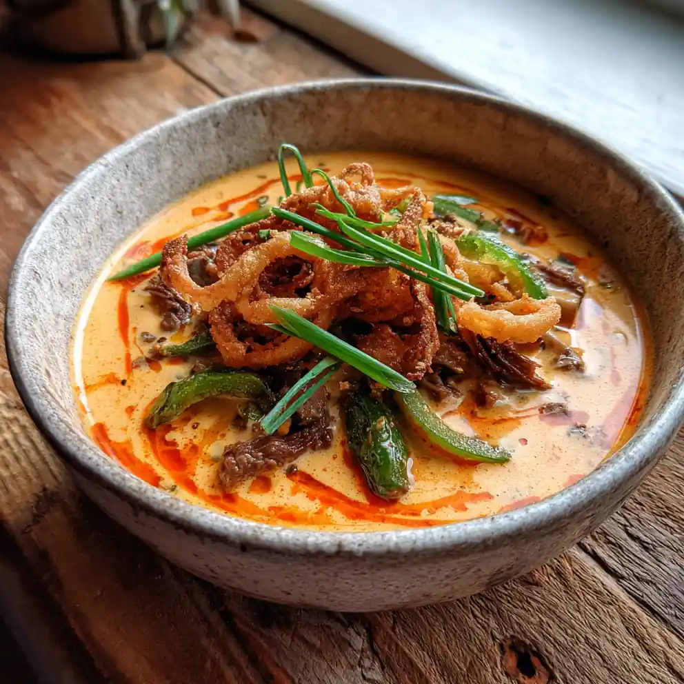 Creamy Philly Cheese Steak Soup With Roasted Red Pepper Cream Swirl 4 Creamy Philly Cheese Steak Soup With Roasted Red Pepper Cream Swirl