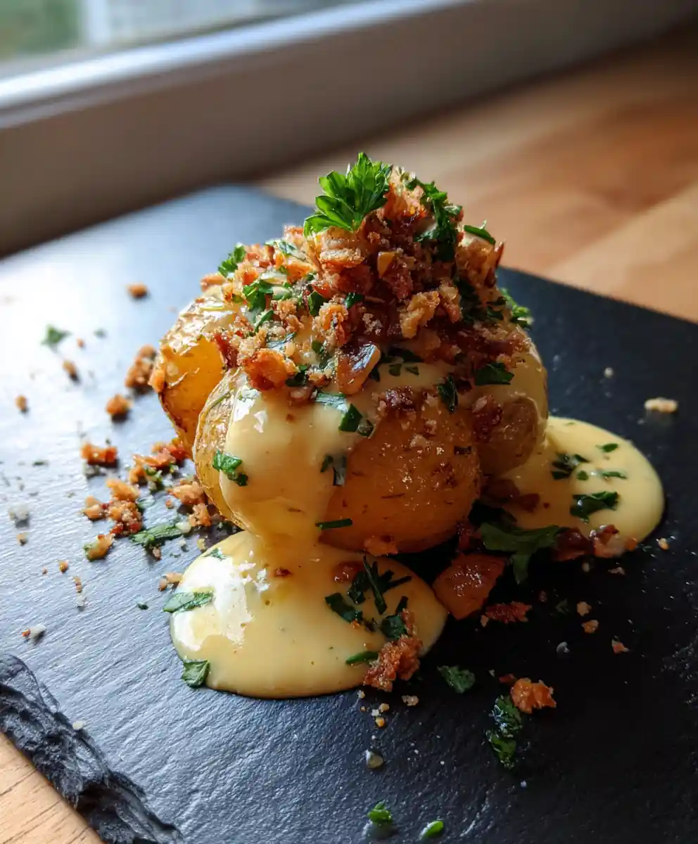 Roasted Baby Potatoes With Creamy Garlic Sauce And Toasted Almond Chive Crumble 5 Roasted Baby Potatoes With Creamy Garlic Sauce And Toasted Almond Chive Crumble