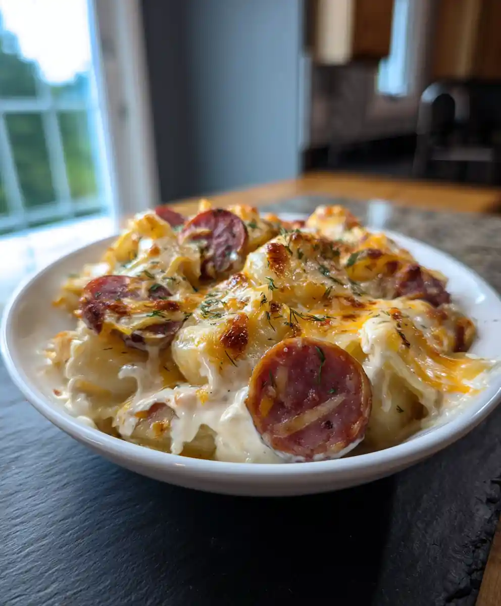 Slow Cooked Pierogi Casserole With Beef Kielbasa And Herb Cream Swirl 5 Slow Cooked Pierogi Casserole with Beef Kielbasa and Herb Cream Swirl