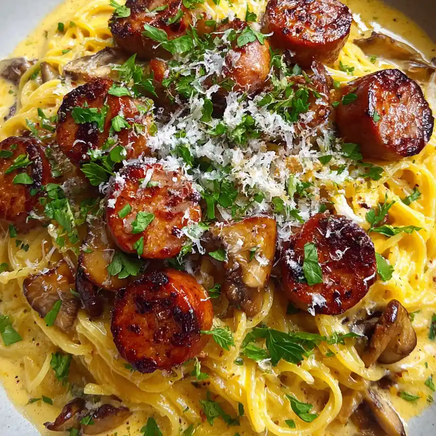 German Spaghetti With Mustard Cream And Sausage 4 German Spaghetti With Mustard Cream And Sausage