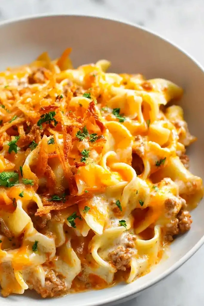 Cheesy Beef and Noodle Casserole with Crispy French Onions 3 Recipe image