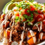 Savory Ground Beef and Sweet Potato Taco Bowls with Lime Crema 4 Savory Ground Beef and Roasted Sweet Potato Taco Bowls with Lime Crema
