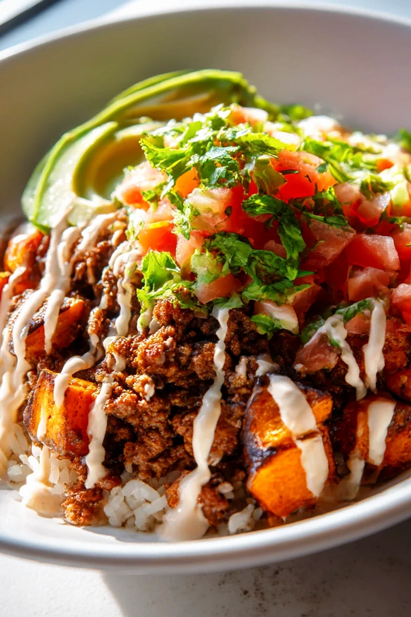 Savory Ground Beef and Sweet Potato Taco Bowls with Lime Crema 3 Recipe image