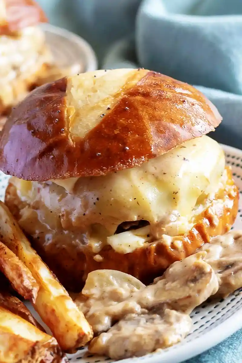 Savory Pretzel-Crusted Tailgate Burgers with Creamy Mushroom Sauce 3 Savory Pretzel-Crusted Tailgate Burgers with Creamy Mushroom Sauce
