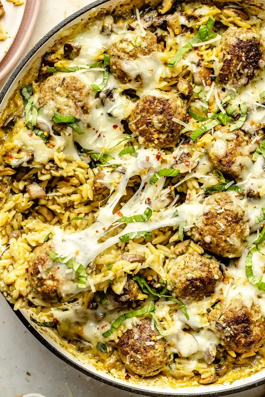 One Pan Baked Pesto Orzo with Chicken Meatballs 3 One Pan Baked Pesto Orzo with Chicken Meatballs